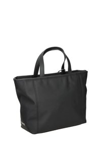 Musta olkalaukku kaksilla kahvoilla, valmistettu sileästä materiaalista, jossa on hienovaraisia ompelutyylejä ja yksinkertainen, jämäkkä muoto.