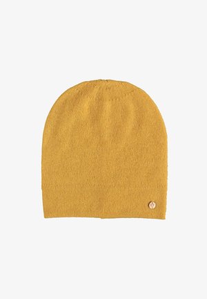 Yellow knitted beanie with a rounded crown and a ribbed cuff. Features a small wooden logo accent on the side for detail.
