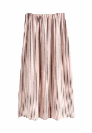 Różowa spódnica midi z pionowymi białymi i ciemnobrązowymi paskami, marszczonym elastycznym paskiem w talii i zwiewnym materiałem.