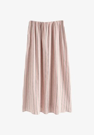 Roosa midi-seelik, millel on vertikaalsed valged ja tumedamad pruunid triibud, kogutud elastne vöökoht ning lendlev kangas.