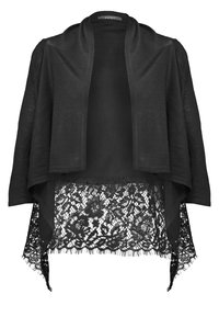 Cardigan noir à ouverture devant, manches trois-quarts, avec bordure en dentelle florale le long de l'ourlet et des côtés.