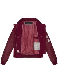 Burgundy bomber jacket with a textured wool exterior, smooth satin lining, ribbed cuffs, and multiple interior tags and pockets.