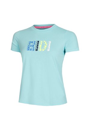 Hellblaues Baumwoll-T-Shirt mit Rundhalsausschnitt, ausgestattet mit einem mehrfarbigen Blockbuchstaben-Graphic, das "EIDI" quer über die Brust hinweist.