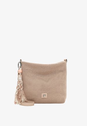 Beežist kootud risti keha kott, millel on tutt-topsiga rihma kaunistus ja ees väike metallist logoplaat.