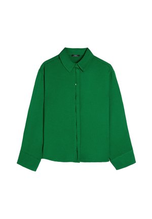 Zielona koszula z długim rękawem i kołnierzykiem zapinanym na guziki, wykonana z gładkiego materiału. Posiada prosty krój i guziki z przodu.