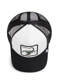 Schwarze und weiße Trucker-Kappe mit einem Skorpion-Graphic auf einem Patch mit dem Text "TÖDLICH." Mit Netzrücken und gebogenem Schirm-Design.