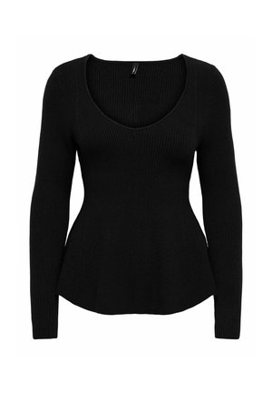 Zwarte sweater met lange mouwen, een ronde hals, geribbeld textuur en een aansluitend lijfje dat iets uitloopt bij de zoom.