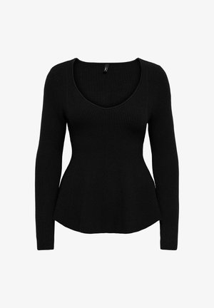 Zwarte sweater met lange mouwen, een ronde hals, geribbeld textuur en een aansluitend lijfje dat iets uitloopt bij de zoom.