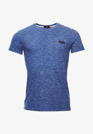 T-shirt bleu à manches courtes avec une texture chinée. Il présente un col rond et un petit logo sur la zone gauche de la poitrine.