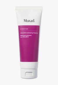 Murad AHA/BHA Exfolierande rengöringsgel i ett vitt och rosa rör. Har ett flipplock och tydlig etikett med text i vitt och lila.
