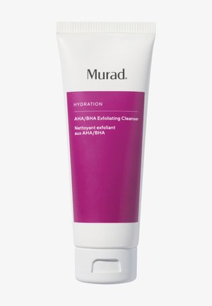 Nettoyant exfoliant Murad AHA/BHA dans un tube blanc et rose. Dispose d'un bouchon à clapet, avec un texte clair sur l'étiquette en blanc et violet.