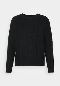 Schwarzer, gestrickter Pullover mit Zopfmuster, rundem Ausschnitt und langen Ärmeln. Die Textur ist dick und an Bündchen sowie Saum gerippt.