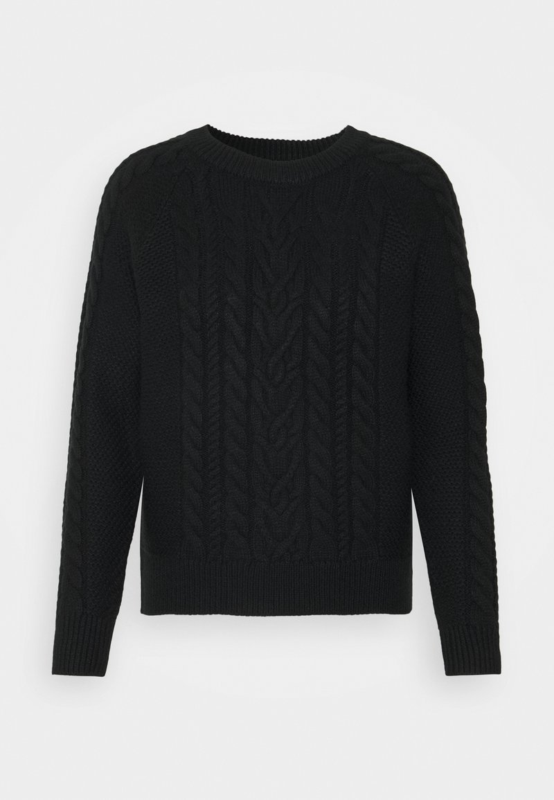 Schwarzer, gestrickter Pullover mit Zopfmuster, rundem Ausschnitt und langen Ärmeln. Die Textur ist dick und an Bündchen sowie Saum gerippt.