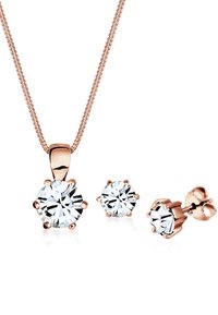 Roségold-Schmuckset mit einer Halskette mit Anhänger und passenden Ohrsteckern, die mit klaren runden Kristallen in sechszackigen Fassungen besetzt sind.