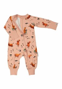 Vaaleanpunainen haalari, joka on valmistettu pehmeästä kankaasta. Siinä on hauska lehmä- ja pyöräkuvio, pitkät hihat, edessä vetoketju ja hihansuut.