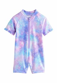 Maillot de bain à manches courtes, violet et bleu avec un motif de galaxie irisé, fermeture éclair à l'avant et bords de manches volants. Tissu extensible pour le confort.