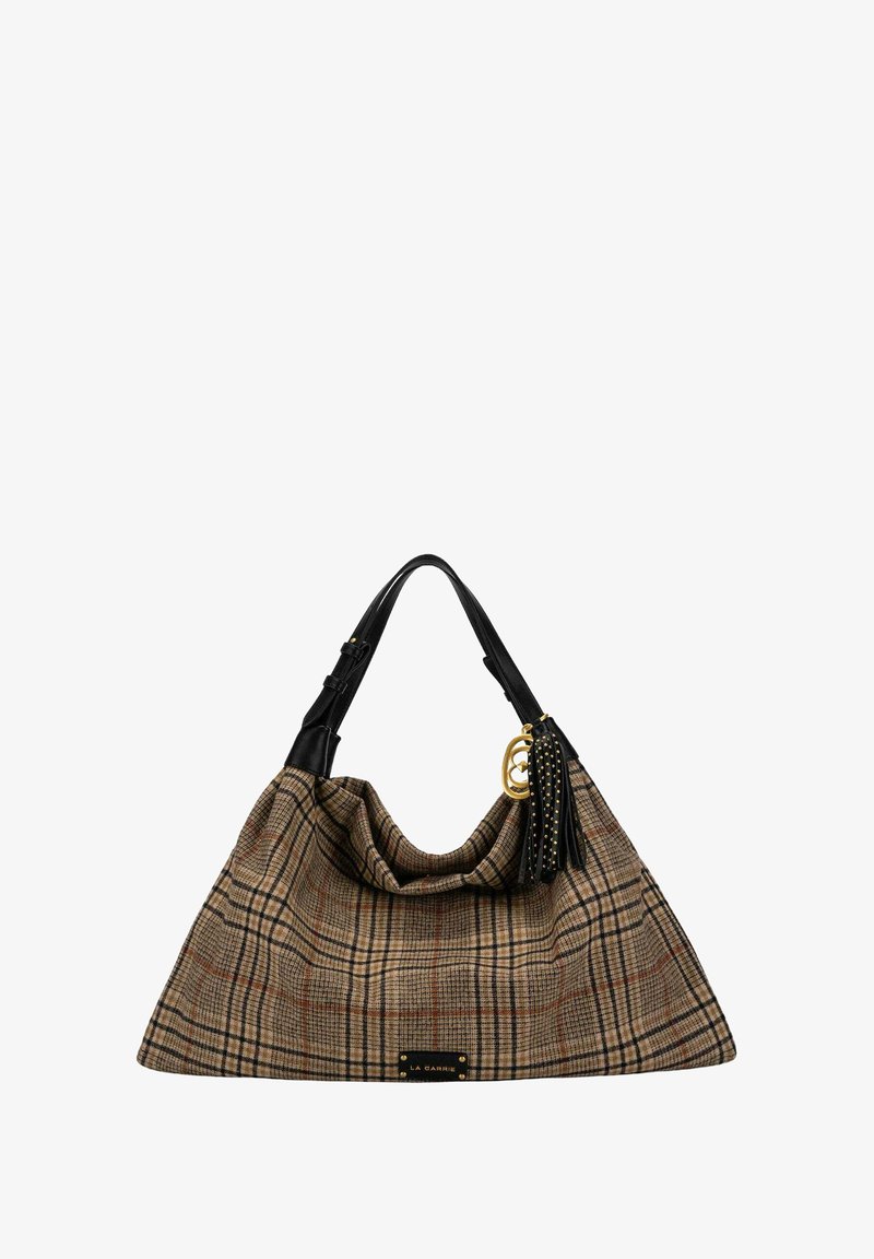 Borsa in tessuto scozzese marrone e nero con manici in pelle nera, dettaglio ad anello dorato e nappina nera con borchie dorate.