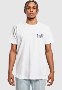 White cotton t-shirt with short sleeves featuring blue Japanese text and "Slurp Away" logo on the chest, relaxed fit, and soft texture.