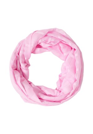 Miękki różowy, lekki szal z delikatnym wzorem w kratkę, ułożony w okrągłą pętlę na białym tle.