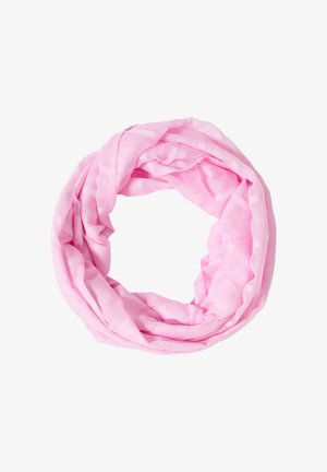 Soft pink lightweight fabric scarf arranged in a circular loop with subtle checkered pattern on a white background.