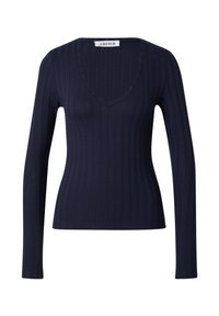 Marinefarbener Langarm-Ripp-Pullover mit V-Ausschnitt, tailliertem Schnitt und strukturiertem Stoff. Verfügt über ein Etikett mit "EDITED" am Ausschnitt.