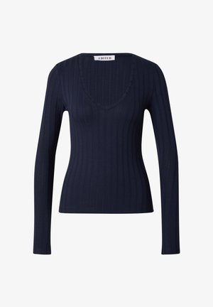 Marineblauwe lange mouwen ribbed top met een V-hals, aangesloten vorm en tekstuurstof. Voorzien van een label met "EDITED" op de hals.