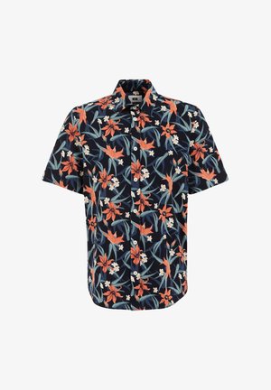 Trumpas rankovės marškinėliai turi tamsiai mėlyną fono spalvą su ryškiu apelsinų ir baltų gėlių raštu, pagaminti iš lengvos medžiagos. Yra sagos.