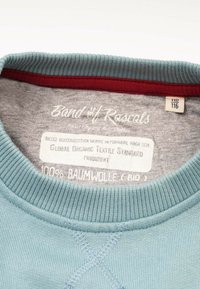 Ljusblå bomullströja med gr�å insida. Har en ribbad krage och röda detaljer, med en etikett som anger ekologiska textilstandarder.