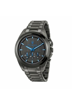 Schwarze Maserati Armbanduhr mit blauen Zeigern und Markierungen, drei Hilfszifferblättern, Metallarmband und Chronographknöpfen an der Seite.