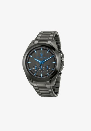 Schwarze Maserati Armbanduhr mit blauen Zeigern und Markierungen, drei Hilfszifferblättern, Metallarmband und Chronographknöpfen an der Seite.