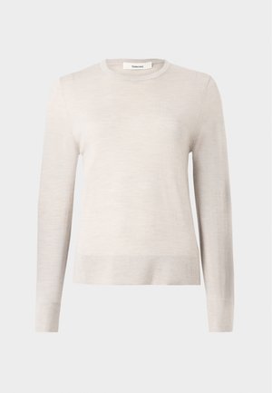 Jasno beżowy sweter z długim rękawem, wykonany z miękkiego dzianiny. Posiada okrągły dekolt oraz ściągacze przy rękawach i na dole. Prosty, klasyczny styl.