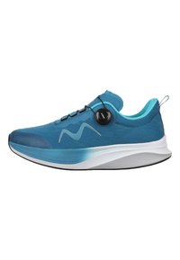 Chaussure de sport bleue avec tige en mesh, bout arrondi, système de laçage élastique, semelle rembourrée et détail de logo sur le côté.