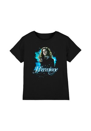 Black t-shirt with a graphic of a girl in a school uniform holding a wand, with blue magical effects and the text "Hermione" below.