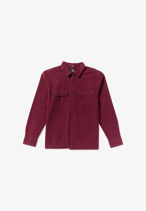 Rood geruite overhemd met lange mouwen, gemaakt van geweven stof, met twee borstzakken en een button-down kraag. Zwarte knopen aan de voorkant en op de manchetten.