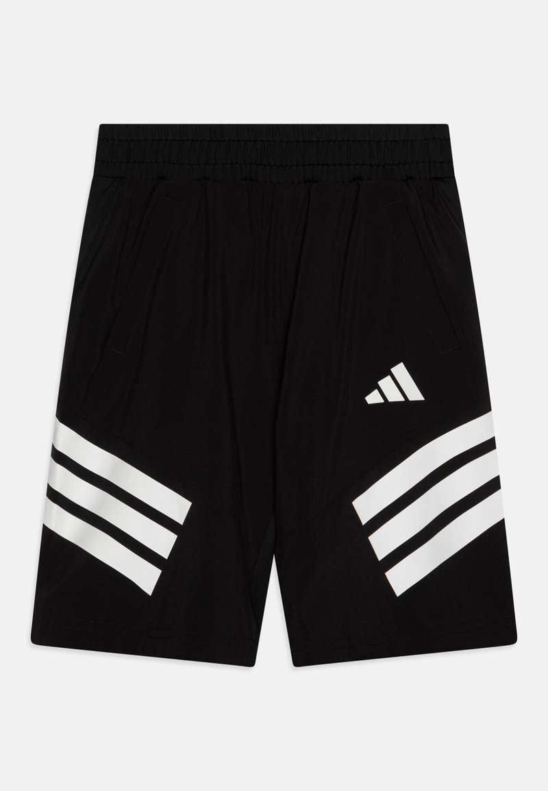 Svarta shorts med elastisk midjeband, med två sidofickor och tre vita diagonala ränder på varje ben. Inkluderar en Adidas-logga.