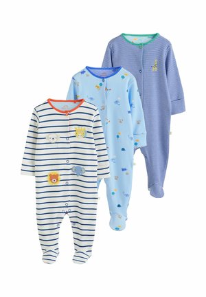 Tre tutine per neonati con maniche lunghe e piedi; una bianca con righe blu navy e toppe con animali, una azzurra con piccoli animali, una blu con sottili righe bianche.