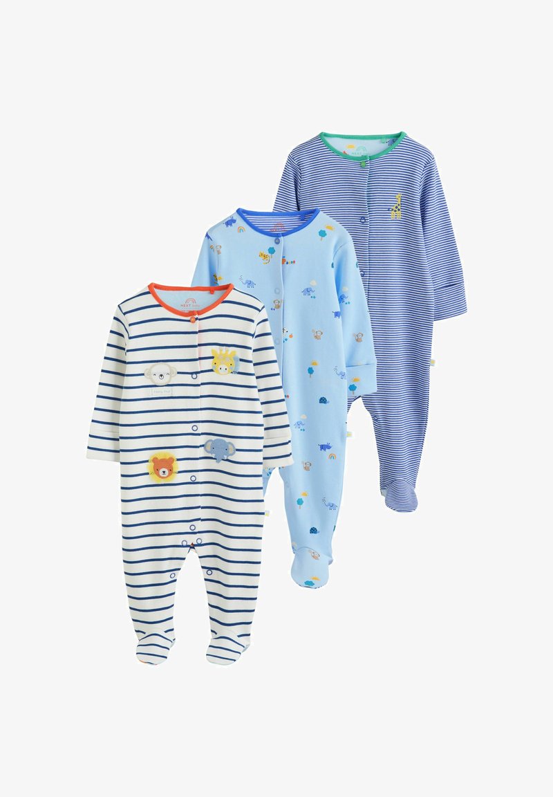 Kolm beebide pikkade varrukatega ja jalakestega bodi; üks valge siniste triipude ja loomamustritega, üks helesinine väikeste loomadega, üks sinine õhukeste valgete triipudega.