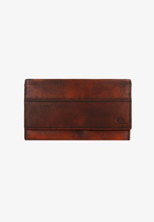 Bruin leren portemonnee met een gladde textuur, een klep-sluiting en een logo-embleem op de voorkant. Eenvoudig, rechthoekig ontwerp.