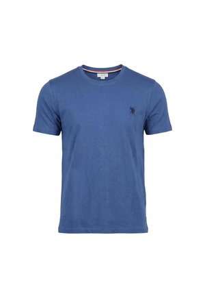 T-shirt da uomo blu a maniche corte con collo a girocollo, piccolo logo nero sul petto sinistro, design semplice e etichetta della taglia all'interno del colletto.