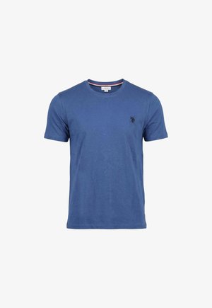 T-shirt da uomo blu a maniche corte con collo a girocollo, piccolo logo nero sul petto sinistro, design semplice e etichetta della taglia all'interno del colletto.