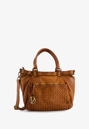 Tan leather handbag with woven texture on front pocket, gold hardware accents, dual handles, and detachable shoulder strap. Zippered pocket included.