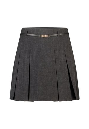 Jupe plissée gris foncé avec une fine ceinture noire comprenant un petit détail de chaîne dorée à la taille, présentée sur fond blanc.