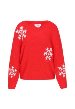 Roter gestrickter Pullover mit V-Ausschnitt, ausgestattet mit weißem Schneeflocken-Stickerei an den Ärmeln und dem Körper sowie einer weichen, strukturierten Oberfläche.