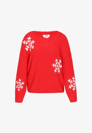 Roter gestrickter Pullover mit V-Ausschnitt, ausgestattet mit weißem Schneeflocken-Stickerei an den Ärmeln und dem Körper sowie einer weichen, strukturierten Oberfläche.