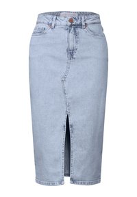 jupe midi en denim bleu clair avec fente à l'avant, passants de ceinture, fermeture à bouton et poches avant.