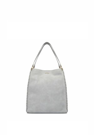 Borsa a tracolla grigia in pelle con dettagli cuciti sui lati e doppi manici, con un piccolo logo del marchio dorato al centro superiore anteriore.