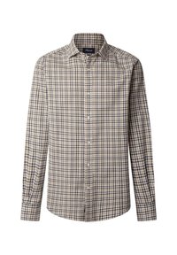 Camisa de botones de manga larga en beige con un patrón de cuadros en azul marino y marrón. Fabricada con un tejido ligero, cuenta con un cuello camisero.