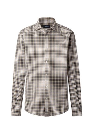 Beżowa koszula z długim rękawem i zapinana na guziki, w kratkę w kolorze granatowym i brązowym. Wykonana z lekkiego materiału, z kołnierzykiem.