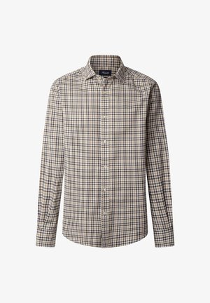 Beżowa koszula z długim rękawem i zapinana na guziki, w kratkę w kolorze granatowym i brązowym. Wykonana z lekkiego materiału, z kołnierzykiem.