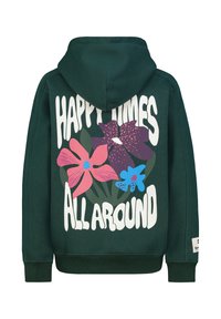Donkergroene hoodie met een grote grafische print van kleurrijke bloemen en vetgedrukte tekst "HAPPY TIMES ALL AROUND" op de achterkant.